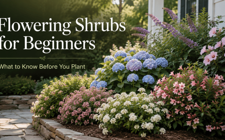 Hero image of a lush garden bed with blue hydrangeas and pink flowers, overlaid with the title 'Flowering Shrubs for Beginners' and subtitle 'What to Know Before You Plant'
