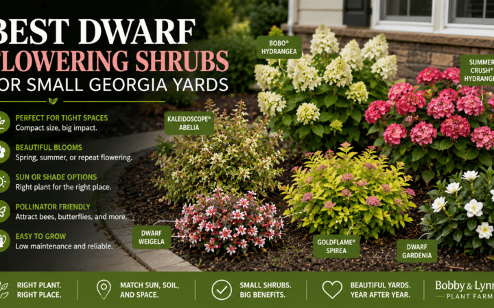 Hero image of a landscaped flower bed with multiple flowering shrubs labeled by green tags (Kaleidoscope Abelia, Bobo Hydrangea, Summer Crush Hydrangea, Dwarf Weigela, Goldflame Spirea, Dwarf Gardenia) and a left-side list of growing tips and benefits for Georgia yards (compact size, blooms, sun/shade options, pollinator friendly, easy to grow).