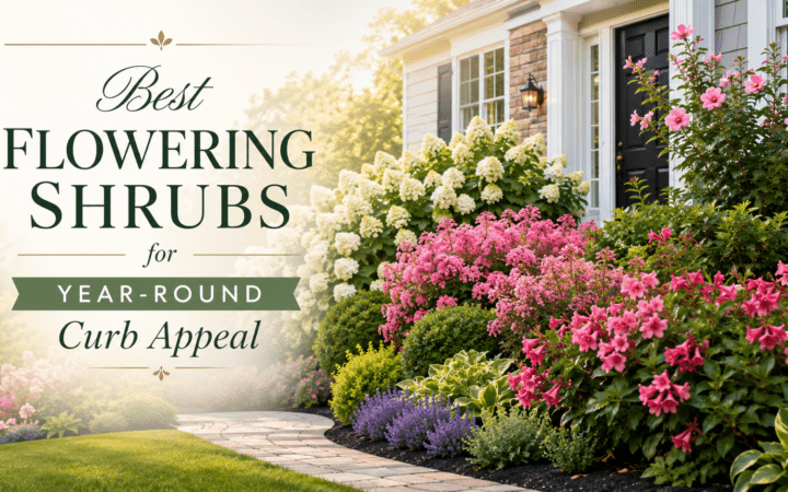 Front yard with pink and white flowering shrubs beside a house; header text reads 'Best Flowering Shrubs for Year-Round Curb Appeal'.