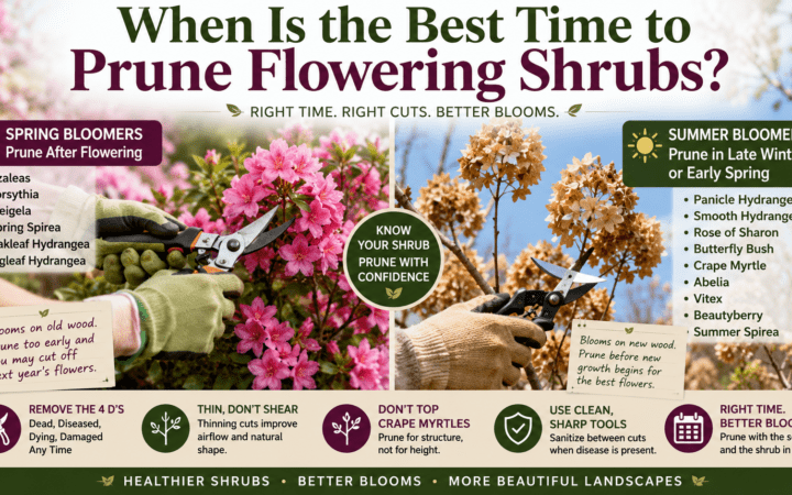 Infographic on pruning flowering shrubs: spring bloomers on the left, summer bloomers on the right, center message 'Know your shrub prune with confidence.'