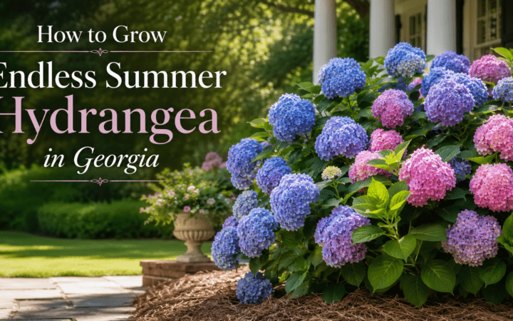 Garden banner with blue and pink hydrangeas and the title 'How to Grow Endless Summer Hydrangea in Georgia' for a gardening guide.