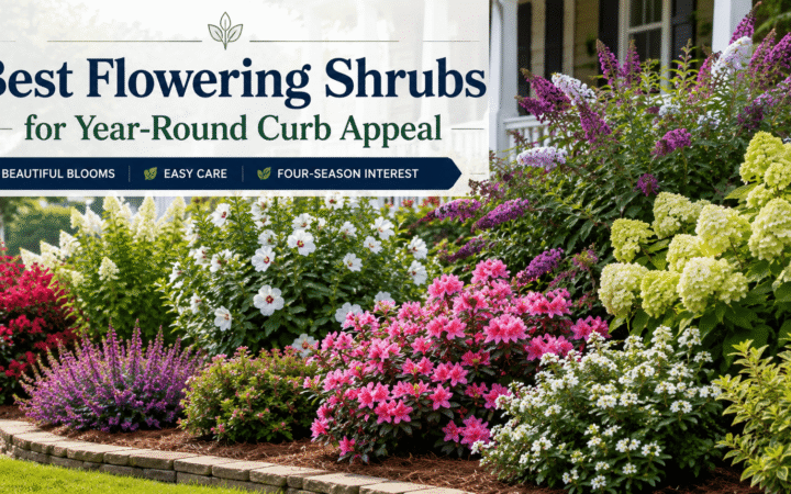 Banner image: a garden with colorful flowering shrubs and the headline ‘Best Flowering Shrubs for Year-Round Curb Appeal’ across the top.