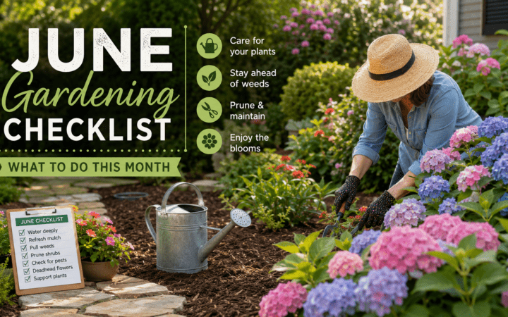 featured image showing a well-maintained Southern garden with blooming hydrangeas, flowering shrubs, mulch, and a gardener checking plants during June. Designed for the article “June Gardening Checklist: What to Do This Month.”