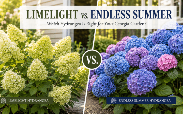 Split-screen garden scene comparing Limelight and Endless Summer hydrangeas with a central VS circle.