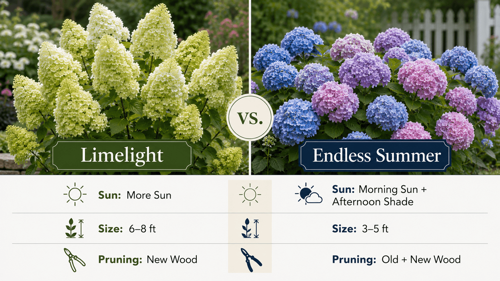 Limelight vs Endless Summer hydrangea comparison showing differences in sun needs, mature size, and pruning requirements.