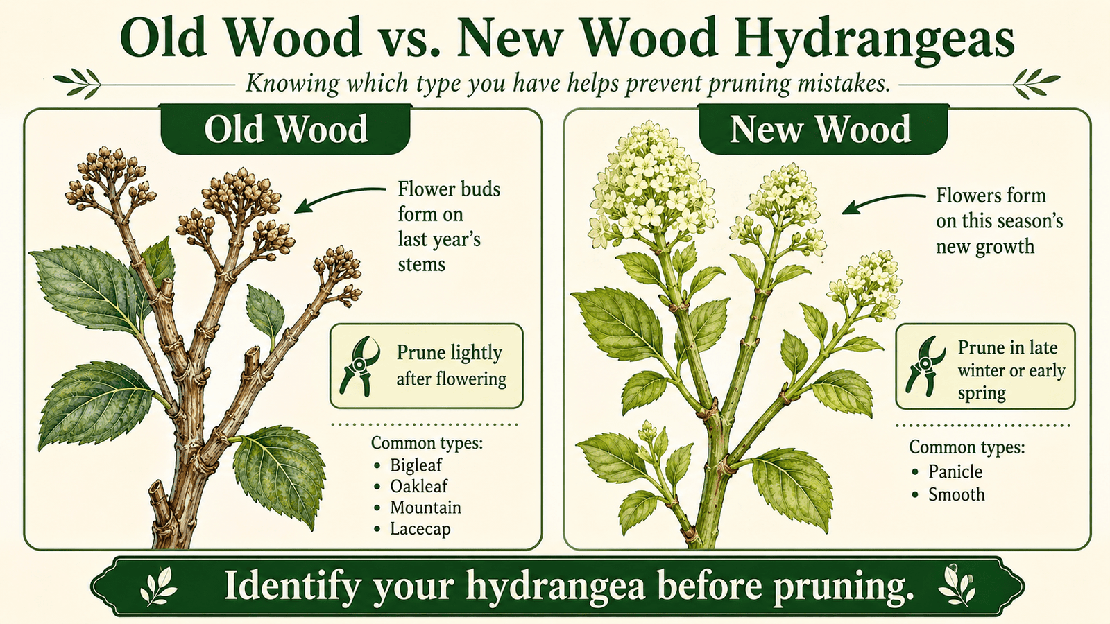 Infographic comparing Old Wood vs New Wood hydrangeas, showing pruning guidance and common types for each growth pattern. why is my hydrangea not blooming