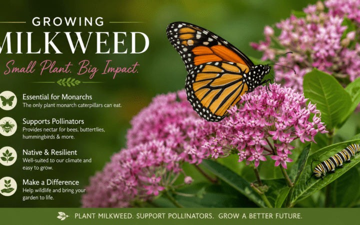 Monarch butterfly on pink milkweed flowers with educational bullet points about planting milkweed for monarchs and pollinators on the left side.