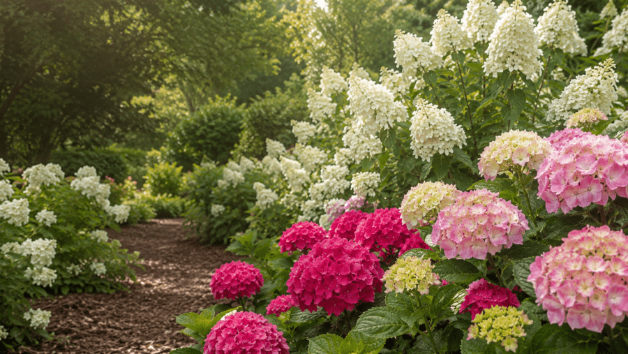Pink and white hydrangeas growing at Bobby and Lynn's Plant Farm in Dallas, Georgia