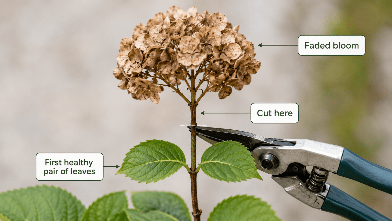 Pruning the plant: scissors cutting below the dried bloom, with labeled guidance pointing to the cut area and new healthy leaves nearby. When to deadhead hydrangeas is pretty easy!