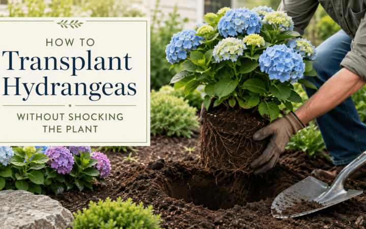 Gardener transplanting blue hydrangea with a shovel beside a sign about transplanting hydrangeas in the garden edge area.