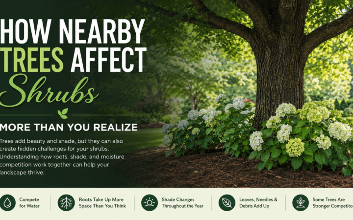 Informational banner about how nearby trees affect shrubs, showing a large tree with white hydrangeas in a garden.