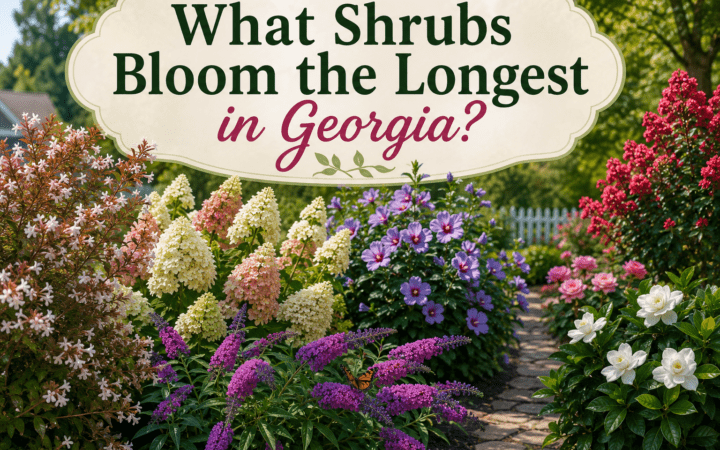 Sign reads 'What Shrubs Bloom the Longest in Georgia?' above a colorful garden of pink, purple, and white flowering shrubs.