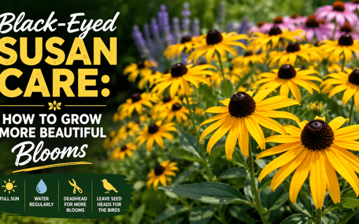 Banner advertising Black-Eyed Susan care tips: “How to grow more beautiful blooms” with sun, water, deadheading, and birds icons.