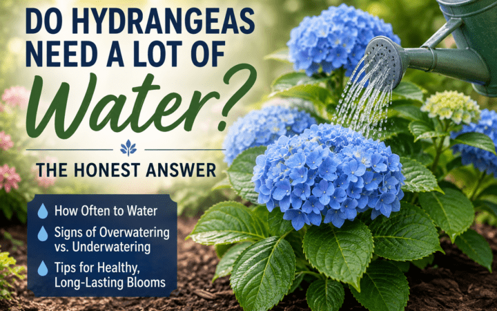 Promotional graphic about hydrangeas' water needs; watering can irrigates blue hydrangeas with a tips panel.