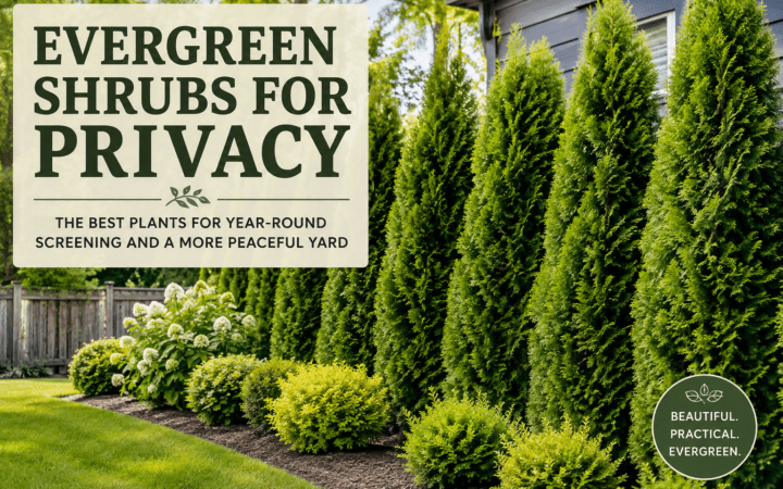 Tall evergreen privacy hedge along a yard with a beige sign reading 'Evergreen Shrubs for Privacy' and a green circular badge in the corner.