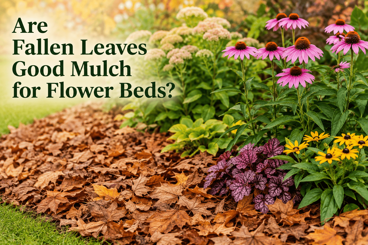 Headline 'Are Fallen Leaves Good Mulch for Flower Beds?' over a garden bed with brown leaves and pink coneflowers.