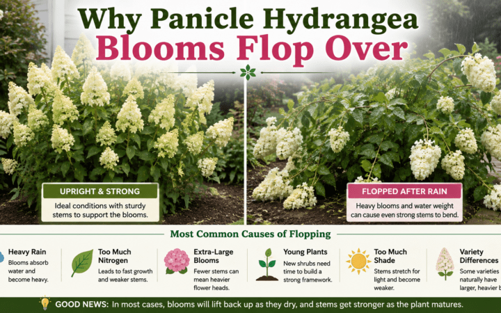 A picture of panicle hydrangeas showing them flopped over