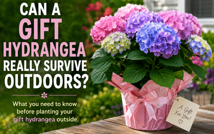 Pink hydrangea bouquet in pink wrap on a wooden table with the text, 'Can a gift hydrangea really survive outdoors?'—informational about outdoor planting tips.