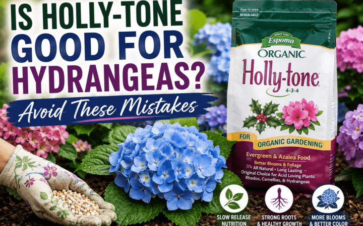 Bag of Espoma Organic Holly-tone fertilizer beside a blue hydrangea; large text asks if Holly-tone is good for hydrangeas.