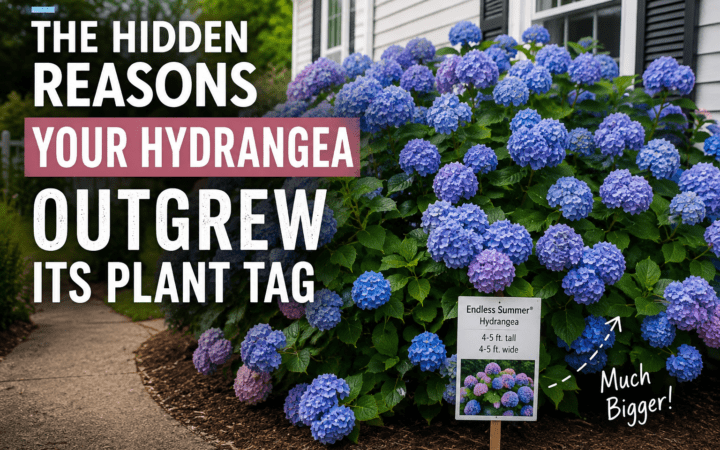 Thumbnail showing blue and purple hydrangea bushes beside a house, with large white article title about hydrangeas outgrowing their plant tags.