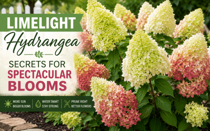 Promotional banner for Limelight Hydrangea with tips for spectacular blooms over blooming hydrangeas in a garden setting