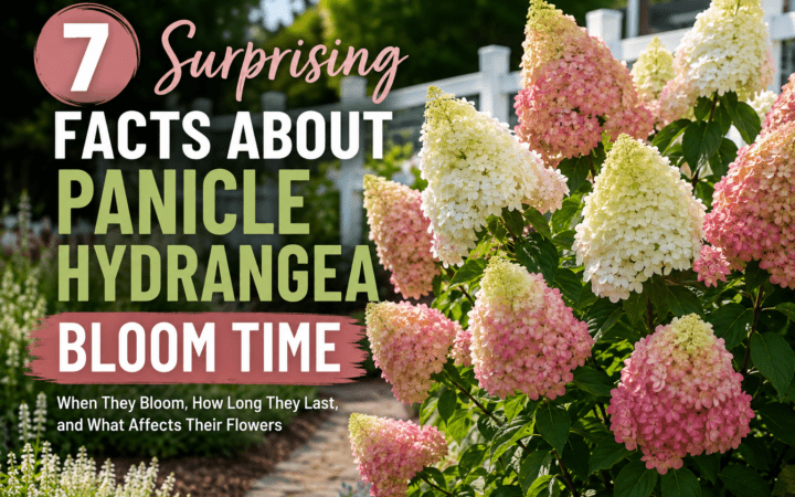 Cover image of pink and white hydrangeas in a garden with the title '7 Surprising Facts About Hydrangea Bloom Time' overlaid.