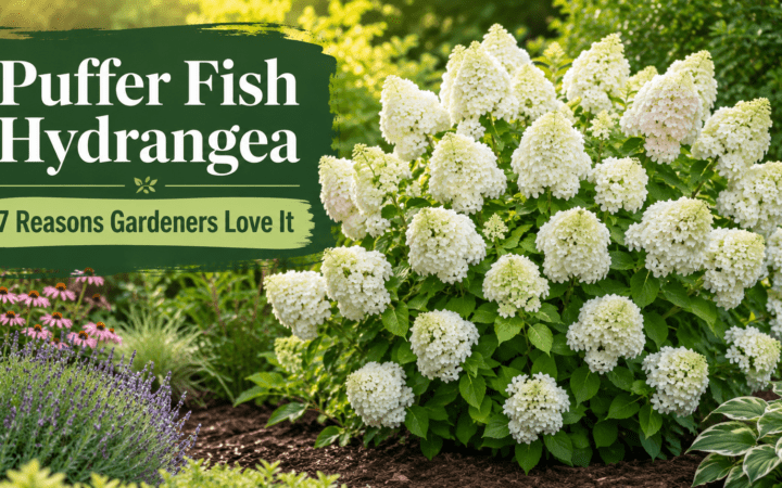 Bannered garden image showing white Puffer Fish hydrangeas beside a dark green title panel reading 'Puffer Fish Hydrangea' and '7 Reasons Gardeners Love It'