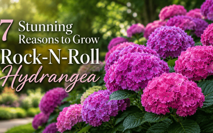 Banner image with pink hydrangeas and the title '7 Stunning Reasons to Grow Rock-N-Roll Hydrangea' for a blog post