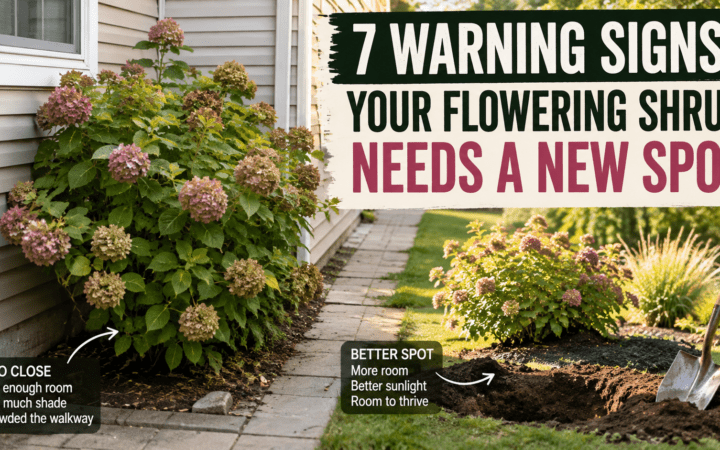 Shrubs by a house with a large banner about moving a flowering shrub to a new spot; a digging hole and shovel nearby in a garden bed.