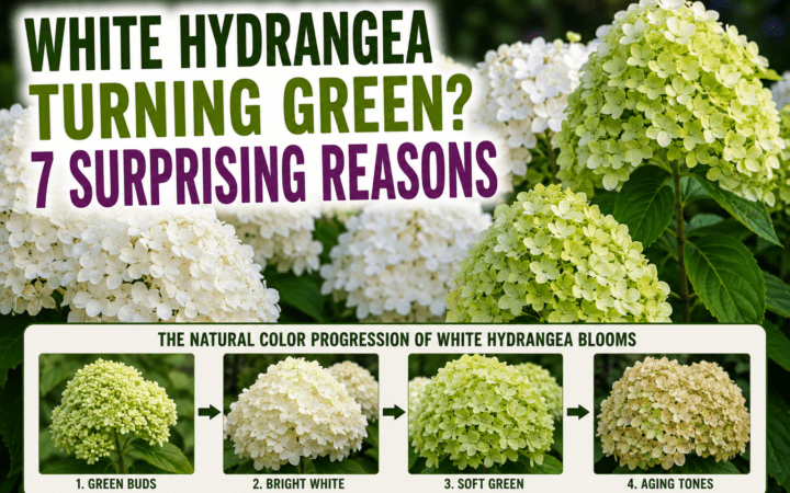 Banner about white hydrangeas turning green, showing a four-stage color progression: green buds, bright white, soft green, aging tones.