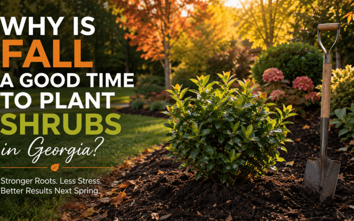 Garden scene in fall with a shrub planted in fresh soil and a shovel standing upright nearby; bold text asks about planting shrubs in Georgia.