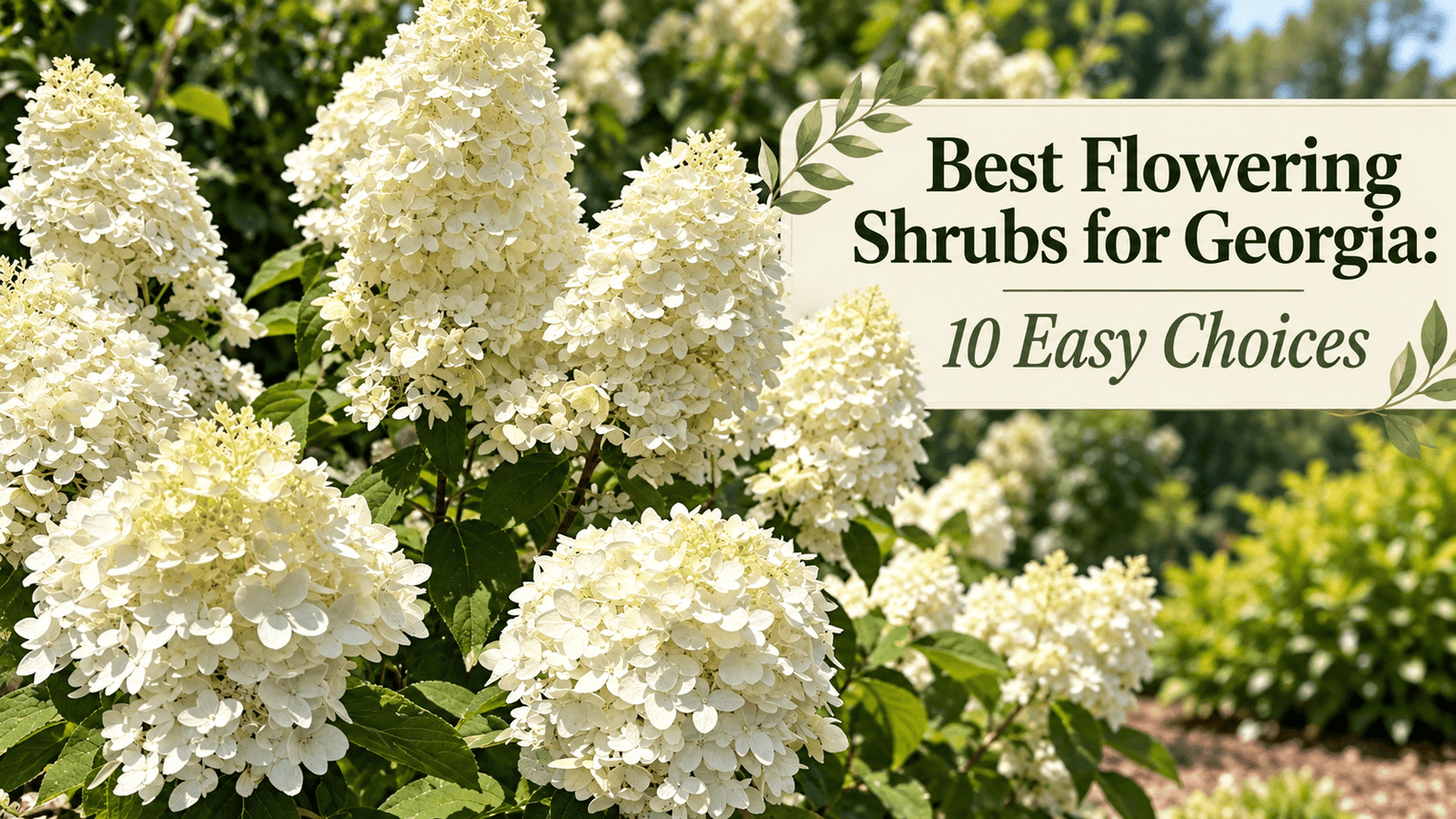 White panicle hydrangeas blooming in a Georgia garden with the title Best Flowering Shrubs for Georgia: 10 Easy Choices