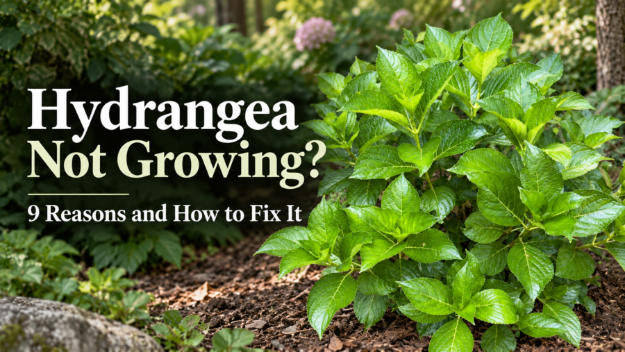 Hydrangea plant with healthy green foliage featured in a guide about nine reasons hydrangeas may not be growing and how to fix them.
