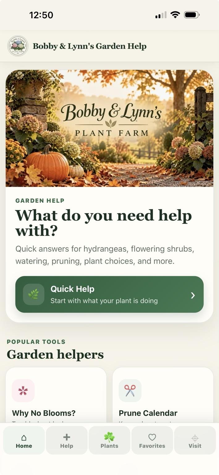 Screenshot of Bobby and Lynn’s Garden Help app showing its welcome banner, What’s New section, and bottom navigation.